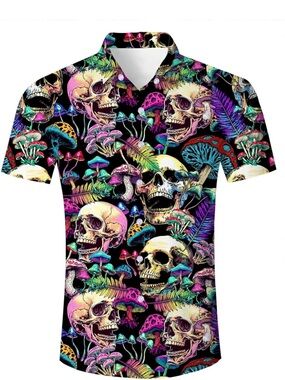 Men's Black Skull & Neon Mushroom Short Sleeve Button-Down Shirt